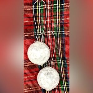 White Cracked Crackle Quartz Matte Big Winter Snowball Long Fancy Hook Earrings